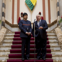 South American Nations Union (UNASUR) General Secretary Ernesto Samper, right, speaks to the press, next to Bolivia’s President Evo Morales at the government palace in La Paz, Bolivia, Oct. 27, 2016. Samper is on an official visit to Bolivia (AP/Juan Karita)