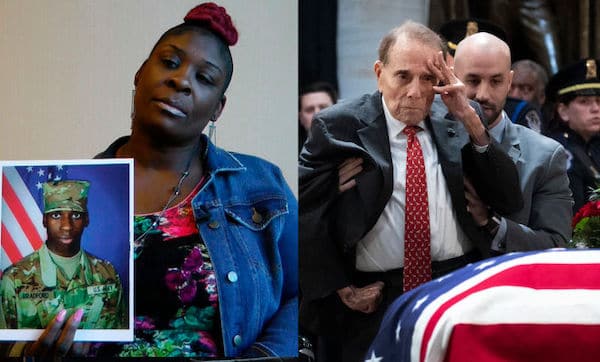 | April Pipkins left holds a picture of her son Emantic Bradford Jr Bob Dole right salutes the casket of President George H W Bush Photo Jay ReevesDrew Angerer AP ImagesGetty Images | MR Online