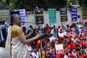 | K Hemalata President of the Centre of Indian Trade Unions CITU addressing the March to Parliament by Child Care Workers organised by the All India Federation of Anganwadi Workers and Helpers AIFAWH New Delhi February 2019 | MR Online