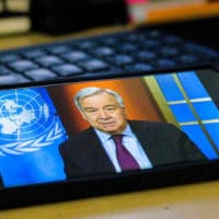 Secretary-General Holds Virtual Press Briefing on Coronavirus Outbreak Secretary-General António Guterres holds a virtual press briefing on the ongoing global Coronavirus (COVID-19) outbreak. 19 March 2020 United Nations, New York Photo # 840776