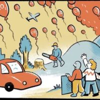 Figure 1. A visual metaphor for each of our personal carbon dioxide emissions — bright balloons that linger in our skies. Image courtesy of Nexus Media. Art by Matteo Farinella, written by Jeremy Deaton.