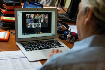 | Associate professor Carol Dysinger right of New York Universitys Tisch School of the Arts conducts her weekly remote learning class for the graduate school filmmaking students on April 9 2020 at her apartment in Brooklyn NY Photo Robert NickelsbergGetty Images | MR Online