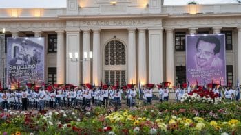 | Sandinista Youth activists hold up their FSLN bandanas in front of Nicaraguas National Palace in Managua on the 41st anniversary of the revolution Photo credit Ben Norton The Grayzone | MR Online