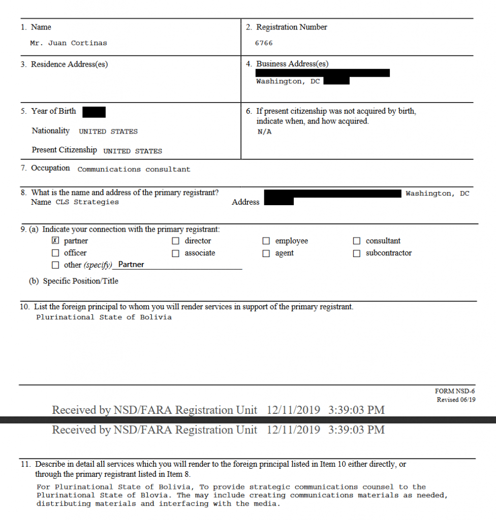 | The FARA registration filed by CLS Strategies partner Juan Cortiñas to represent the Bolivian coup regime in December 2019 | MR Online