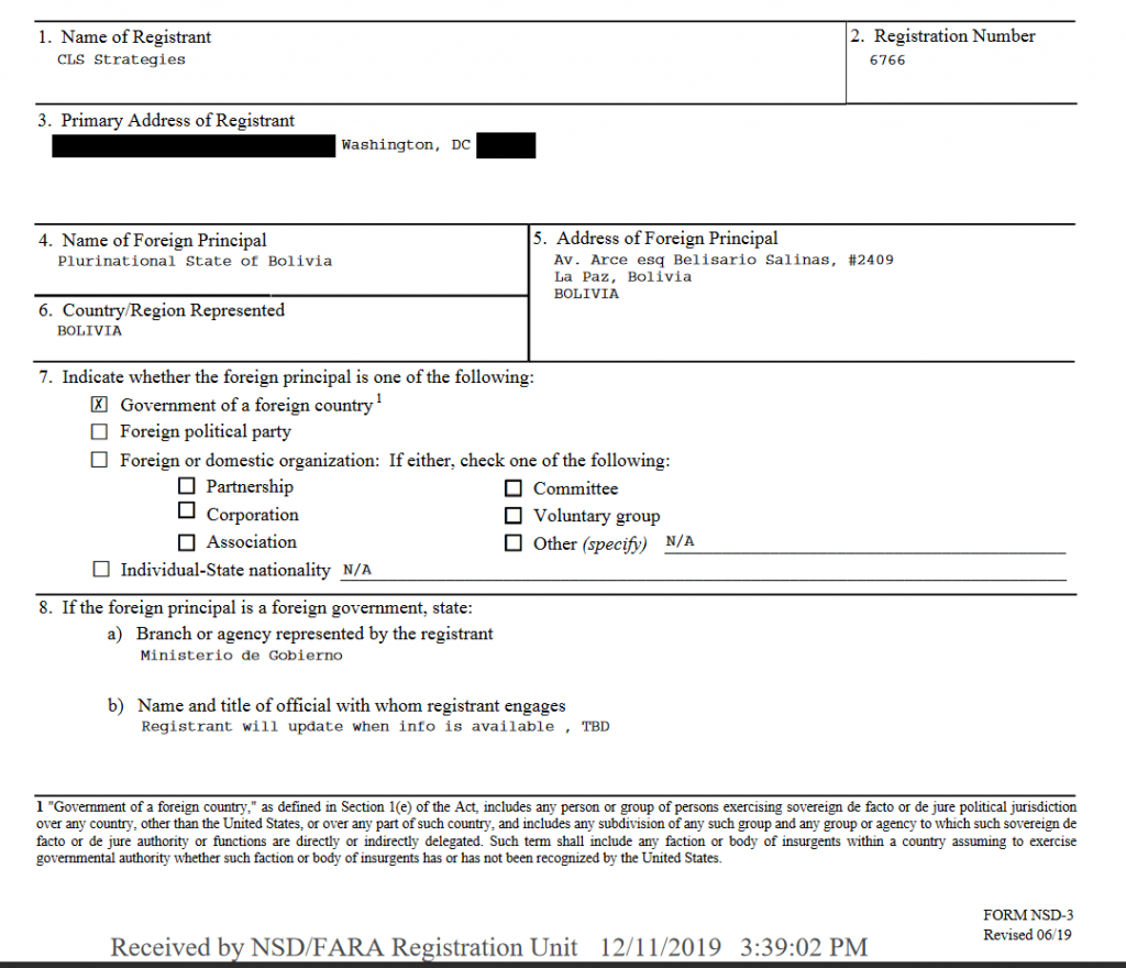 | The FARA registration confirming CLS Strategies registered to represent the Bolivian coup regime in December 2019 | MR Online