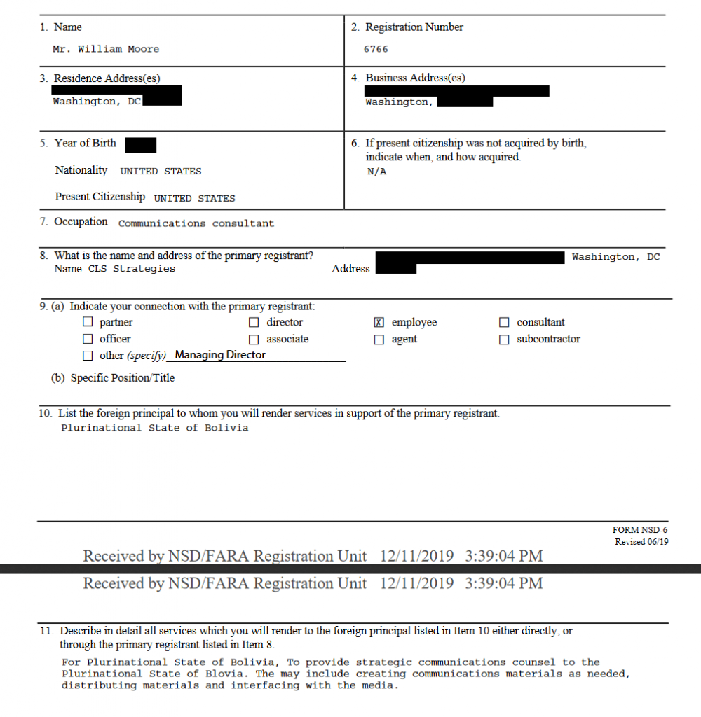 | The FARA registration filed by CLS Strategies Managing Director William Moore to represent the Bolivian coup regime in December 2019 | MR Online