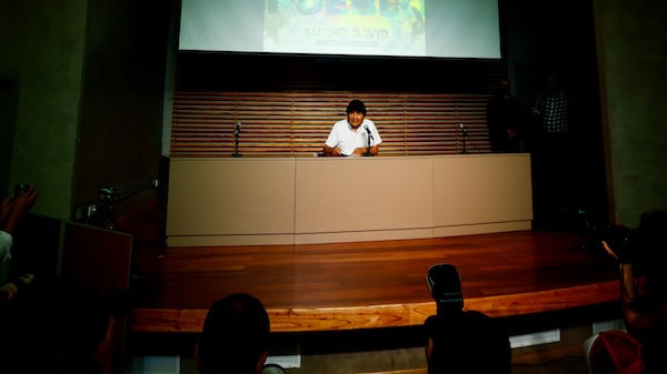 | Former Bolivian President Evo Morales attends a press conference in Buenos Aires Argentina after general elections in his home country Oct 19 2020 Marcos Brindicci | AP | MR Online