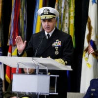 Vice Adm. Charles A. Richard, commander of US Strategic Command, speaks during a change of command ceremony at Offutt AFB in Nebraska, Nov. 18, 2019. Nati Harnik | AP