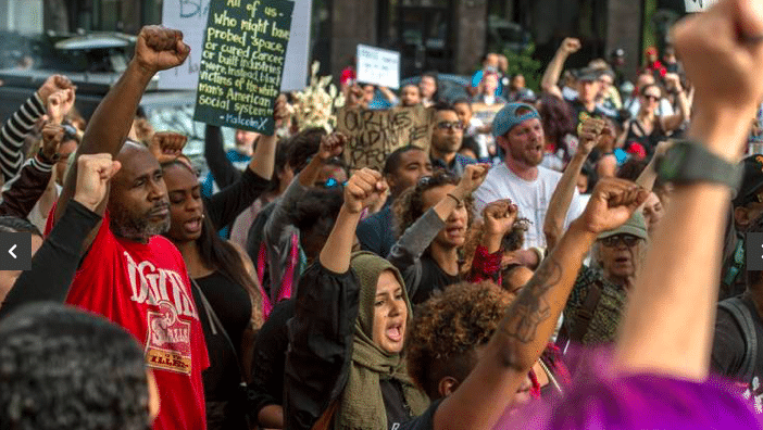 | UC Davis student Kaleemah Muttaqi 19 center with green scarf joined the Fists Up chant during a Day of Action protest in downtown Sacramento hosted by Black Lives Matter Sacramento and the Anti Police Terror Project in Sacramento Calif on Wed April 4 2018 They are seeking justice for Stephon Clark who was killed by Sacramento police in his grandmothers backyard RENEE C BYER RBYERSACBEECOM Read more here httpswwwsacbeecomopinionop edarticle248636275htmlstorylink=cpy | MR Online