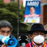 Candidate Yaku Perez (L) outside the National Electoral Council (CNE) in Quito, Ecuador, Feb.11, 2021. | Photo: EFE