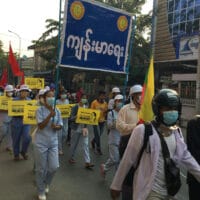 Monks, health and education staff, university students at an anti-dictatorship protest in Amarapura, Mandalay (March 12, 2021)