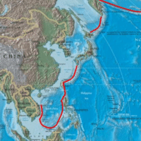 Red line denoting the Pentagon’s “first island chain” (Wikimedia Commons)