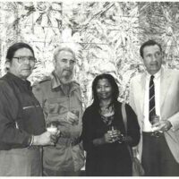 Dennis Banks, Fidel Castro, Alice Walker, Ramsey Clark, in Havana, April 1993. Credit: Gloria La Riva