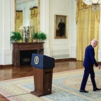 US President Joe Biden departs after delivering remarks on Russia in the East Room at White House, Washington, DC, April 15, 2021