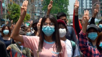 | Anti coup protesters flash the three finger sign of defiance during a demonstration in Yangon Myanmar on Friday April 23 2021 | AP | MR Online