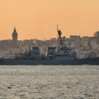 US Navy guided-missile destroyer USS Porter sails in the Bosphorus, Istanbul, on its way to the Black Sea, January 28, 2021