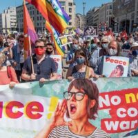 Anti-NATO and anti-war protest in Brussels, on the day of the NATO summit in the city on June 14, 2021. Photo: PTB