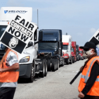 Longshore workers walk off the job in solidarity with Teamsters in San Pedro, Calif.