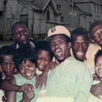 Steve Biko (fourth from the right, wearing a cap) at a birthday party at the University of Natal Medical School Non-European Section in Durban, 5 April 1969.