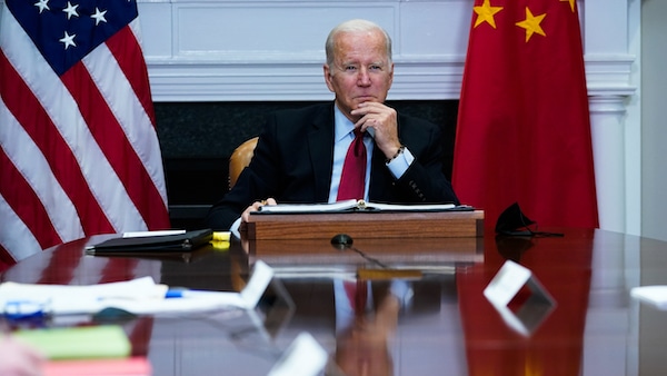 | President Joe Biden listens as he meets virtually with Chinese President Xi Jinping from the Roosevelt Room of the White House in Washington Nov 15 2021 | MR Online