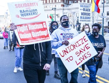 | A Philadelphia rally from March 2021 in solidarity with the drive to unionize Amazon in Bessmer Alabama Credit Joe Piette Flickr | MR Online