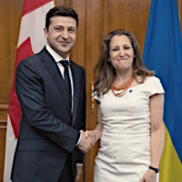 Zelensky and Freeland shaking hands