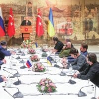 Turkey's President Recep Tayyip Erdogan (center) speaks during a round of Russian-Ukrainian talks at the Dolmabahce Palace in Istanbul, Turkey. Photo: VCG