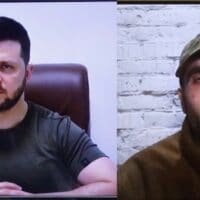 Ukrainian president Volodymyr Zelensky’s (L) speech and the Azov soldier’s testimony in the Greek parliament.