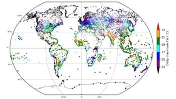 | Figure 4 Maximum values of wet bulb temperature TW degrees Celsius for the period 1979 2017 at weather stations that had at least 50 data availability Image credit Raymond et al 2020 The emergence of heat and humidity too severe for human tolerance Sci Adv 6 eaaw1838 2020 DOI 101126sciadvaaw1838 | MR Online