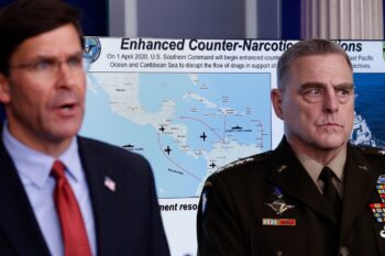 | Esper left breifs the press about US counter narcotics operation around Venezula April 1 2020 next to Gen Mark Milley Alex Brandon | AP | MR Online