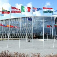 Flags of members of North Atlantic Treaty Organization (NATO) wave outside of the NATO Headquarters in Brussels, Belgium on 14 March 2019 [Dursun Aydemir/Anadolu Agency]