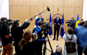 | NATO Secretary General Jens Stoltenberg center after receiving letters of application from Klaus Korhonen ambassador of Finland and Axel Wernhoff ambassador of Sweden on May 18 NATO | MR Online