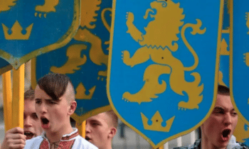 | Ukrainian fascists marching under the logo of the SS Galicia Division 2018 Source riaru | MR Online