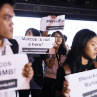 Students from the University of Santo Tomas and other campuses protest on Espana Avenue in Manila over the dictator Ferdinand Marcos being reburied in the Heroes' Cemetery in 2016. Image: The Varsitarian/Alvin Joseph Kasiban