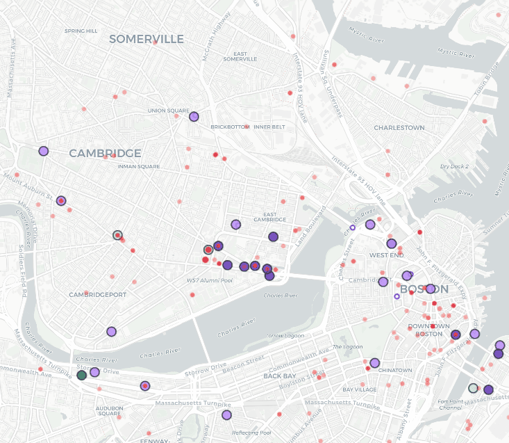 | Map of Kendall Square area where many of MIT | MR Online's buildings and startups are located, showing recipients of DoD/DHS funding (red dots) and university land parcels (MIT in green) along with police and weapons developers.