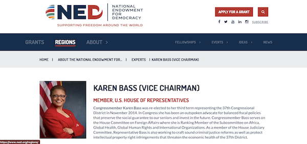 | Congresswoman Karen Bass is running for mayor of Los Angeles Shes also Vice Chair of the NED the CIAs soft power arm | MR Online