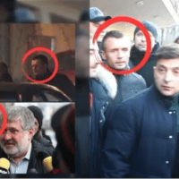 On the left, Zelensky in circle behind Kholomoisky. On the right, Zelensky on the campaign trail is followed by one of Kholomoisky’s bodyguards. [Source: national-conservative.com]