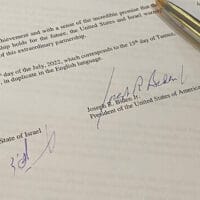 The Jerusalem Declaration signed by Prime Minister Yair Lapid and US President Joe Biden at the Waldorf Astoria Hotel in Jerusalem, July 14, 2022. (Photo via the Times of Israel)