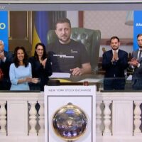 Ukraine's Western-backed leader Volodymyr Zelensky rings the opening bell at the New York Stock Exchange on September 6