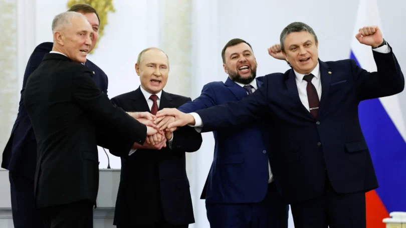 | From left head of Kherson Region Vladimir Saldo head of Zaporizhzhia region Yevgeny Balitsky Russian President Vladimir Putin Denis Pushilin leader of the Donetsk Peoples Republic and Leonid Pasechnik leader of Luhansk Peoples Republic pose for a photo during a ceremony to sign the treaties for the four regions to join Russia Photo Dmitry AstakhovSputnikGovernment PoolVia AP | MR Online