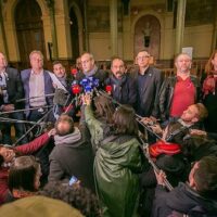 French trade union leaders addressing media outside the Paris Labor Exchange (Image via Workers’ Force)