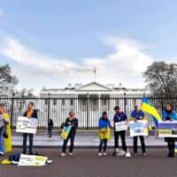 Small crowd of pro-Zelensky/NATO/war protesters in front of the White House demanding more weapons for Ukraine. Photo: Gallup News/File photo.