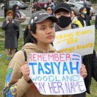 Tasiyah Woodland, an 18-year-old Black trans woman, killed in Baltimore on March 24, was remembered at the Queer and Trans Youth Autonomy March in Washington, D.C., on March 31. Black trans women are murdered in disproportionately high numbers. SLL photo: Melinda Butterfield