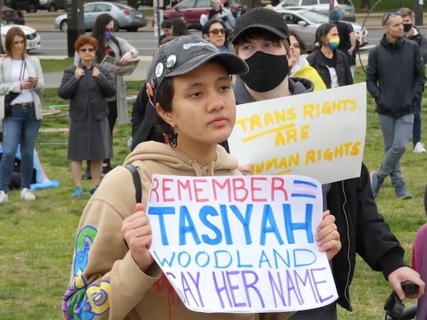 | Tasiyah Woodland an 18 year old Black trans woman killed in Baltimore on March 24 was remembered at the Queer and Trans Youth Autonomy March in Washington DC on March 31 Black trans women are murdered in disproportionately high numbers SLL photo Melinda Butterfield | MR Online