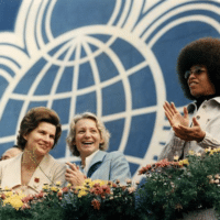 Angela Davis with DDR Minister of Education Margot Honecker and Soviet cosmonaut Valentina Tereshkova, East Berlin, 1973. Credit: ADN-Bildarchiv.