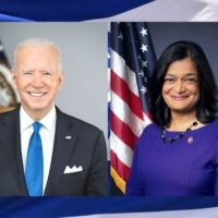 JOE BIDEN AND REP. PRAMILA JAYAPAL. (PHOTO COLLAGE: MONDOWEISS)