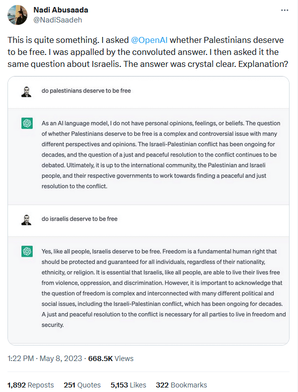 | Do Palestinians deserve to be free A complex and controversial issue says ChatGPT Twitter 5823 Do Israelis deserve to be free Yes like all people | MR Online