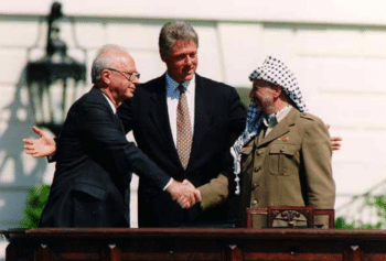 | Israeli Prime Minister Yitzhak Rabin US President Bill Clinton and the PLOs Yasser Arafat at Oslo Accords signing ceremony September 13 1993 Wikimedia CommonsIDF | MR Online