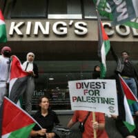 A rally calling for a boycott of Israeli academic and cultural institutions complicit in Israel’s oppression of the Palestinian people, outside King’s College London, July 2021. Martin Pope SOPA Images via ZUMA Press Wire