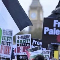 Protesters gather with placards and flags during the 'London Rally For Palestine' in Trafalgar Square, central London, on 4 November 2023 (AFP)